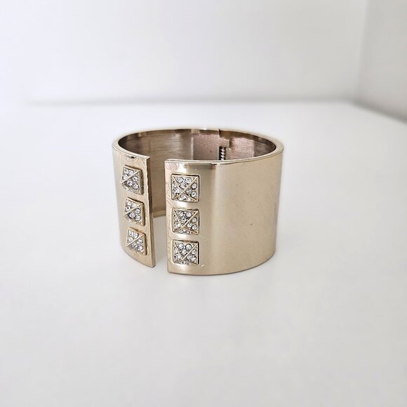 VICTORIA'S SECRET Gold Tone Rhinestone Studded Cuff Bracelet, Hinge Opening - Picture 6 of 11